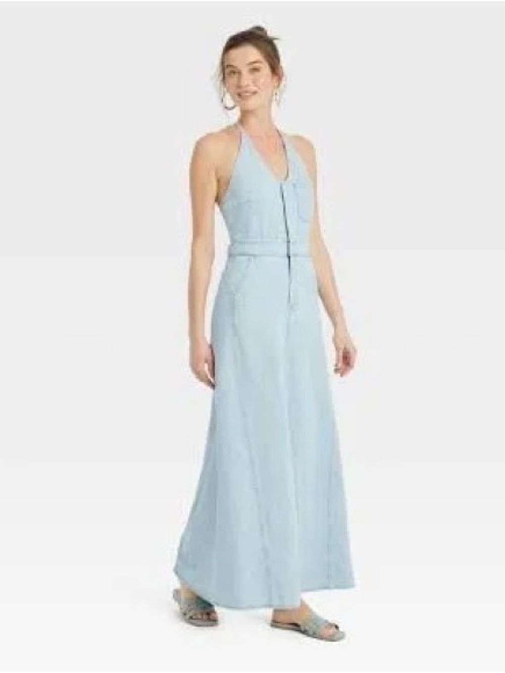 Universal Thread Light Blue Halter Maxi Denim Dress